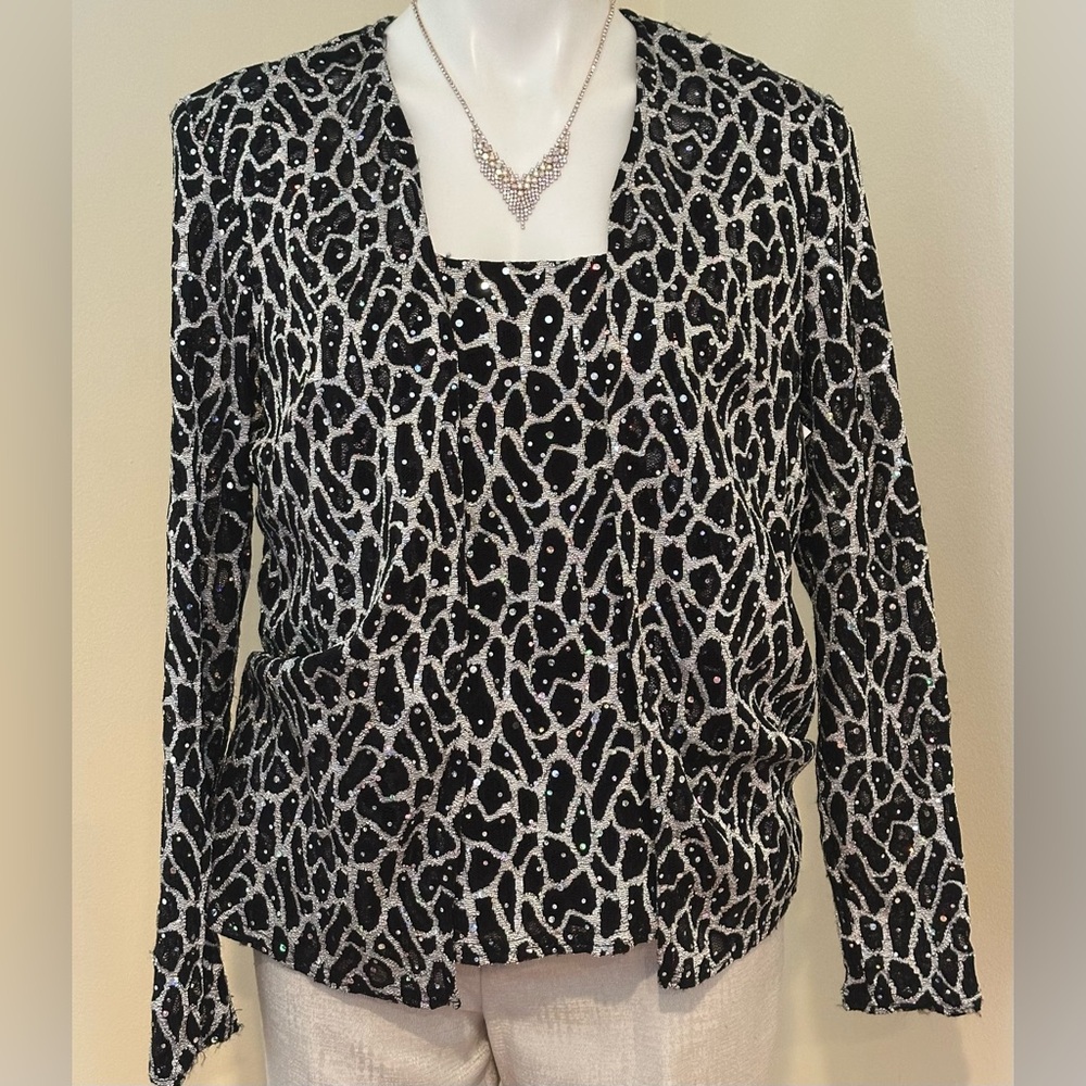 DRESS BARN COLLECTION Black & Silver Sequence Lepard Print Attached Jacket Sz 16
